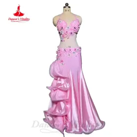 Belly Dancing Outfit Women Customized Exquisite Flowers Bra Sexy Satin Split Long Skirt 2pcs Oriental Dance Performance Clothing