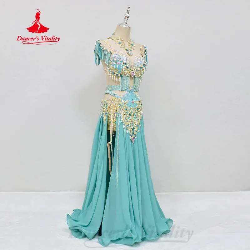 Belly Dancing Outfit Women Customized Pearl Tassel Bra Luxury Diamond Split Long Skirt 2pcs Oriental Dance Performance Costumes