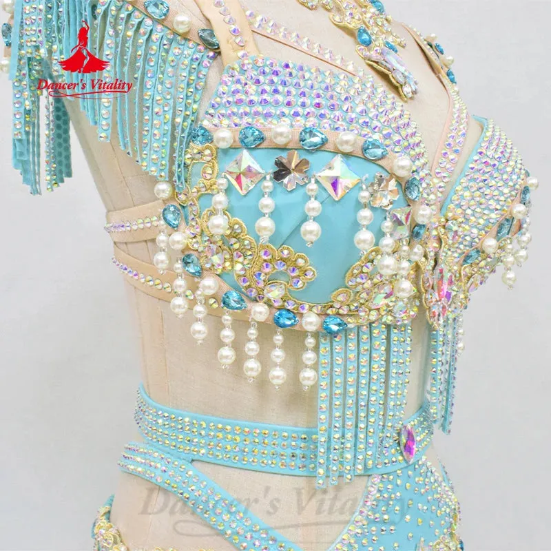 Belly Dancing Outfit Women Customized Pearl Tassel Bra Luxury Diamond Split Long Skirt 2pcs Oriental Dance Performance Costumes