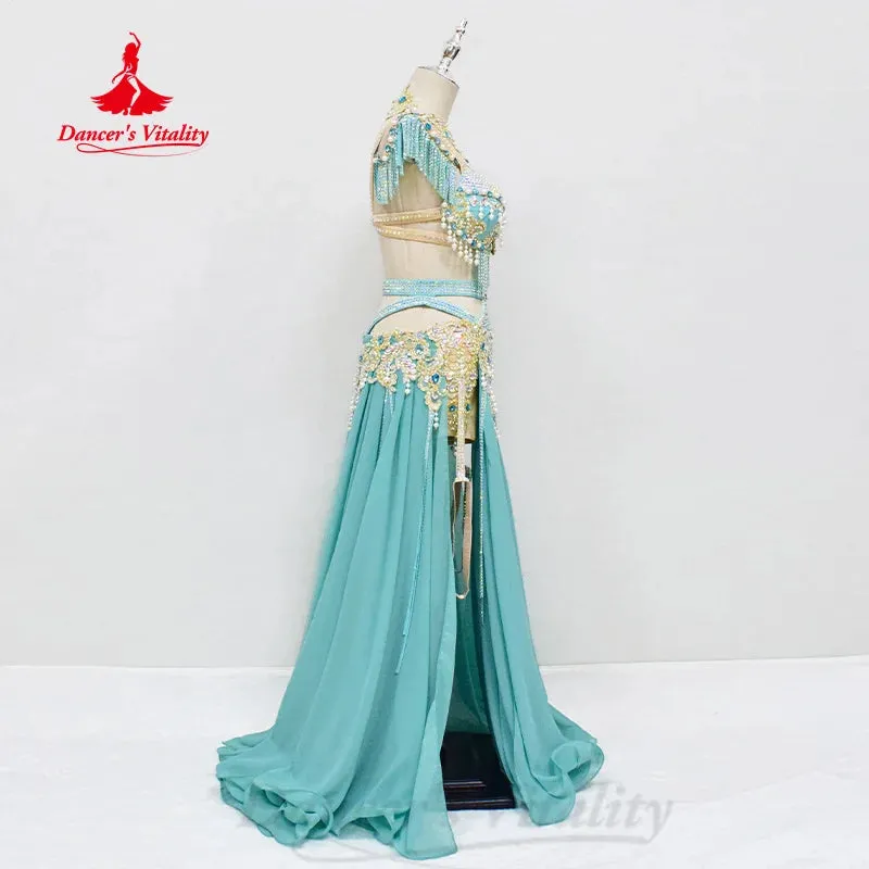 Belly Dancing Outfit Women Customized Pearl Tassel Bra Luxury Diamond Split Long Skirt 2pcs Oriental Dance Performance Costumes