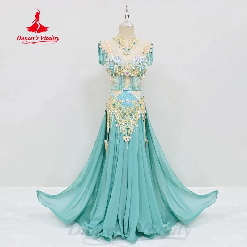 Belly Dancing Outfit Women Customized Pearl Tassel Bra Luxury Diamond Split Long Skirt 2pcs Oriental Dance Performance Costumes