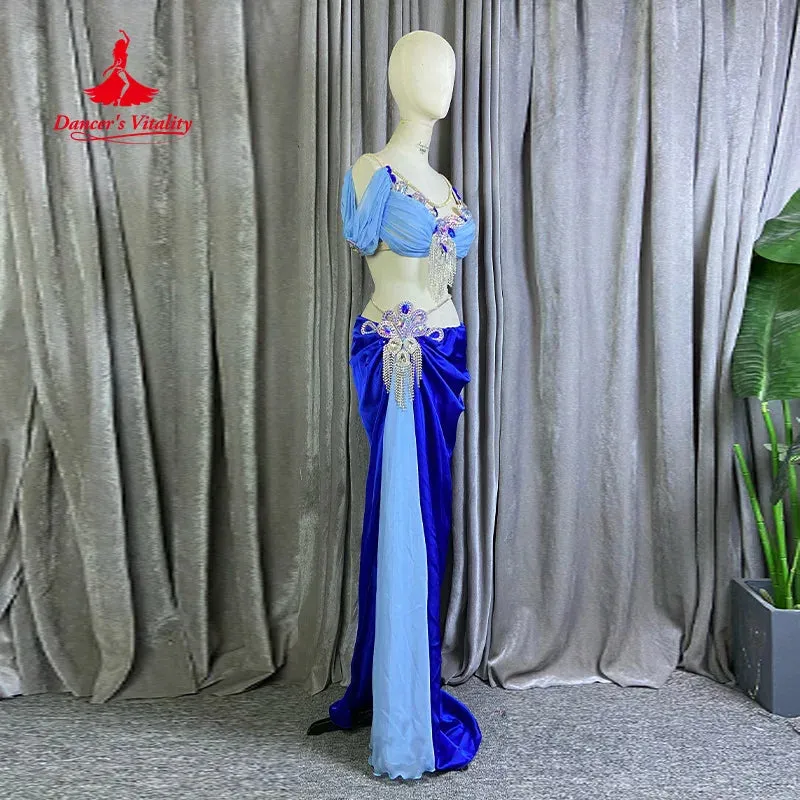 Belly Dancing Suit Customized High Luxury Rhinestone Satin Performance Set Adult Children Oriental Dance Competition Clothing