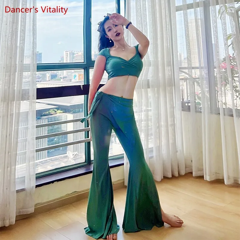 BellyBelly Dance Practice Clothes Set for Women Belly Dancing Short Sleeves Top split Trousers 2pcs Female Oriental Dance Outfit