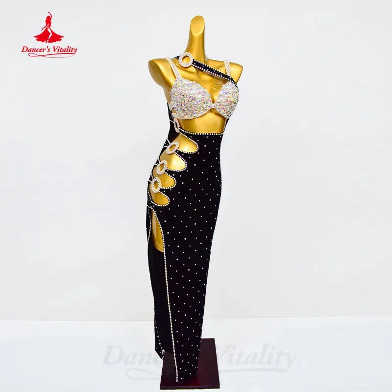 Bellydance Clothing Customized Senior AB Stones Bra Luxury Rhinestone Dress Set Oriental Dance Professional Performance Costume