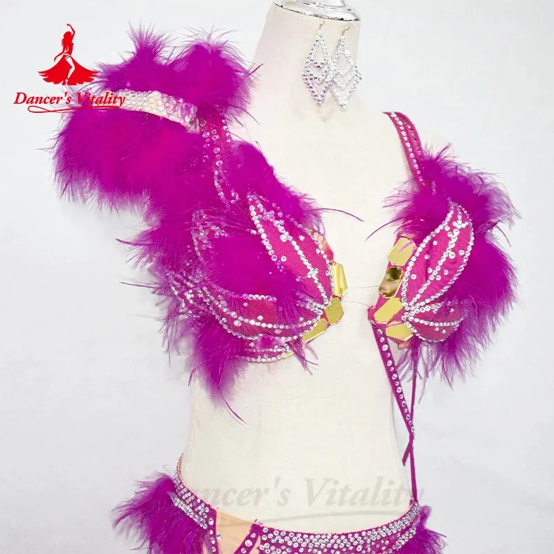 Bellydance Clothing Set Women Customized High End Luxury AB Stones Feather Suit Oriental Dance Professional Performance Costumes