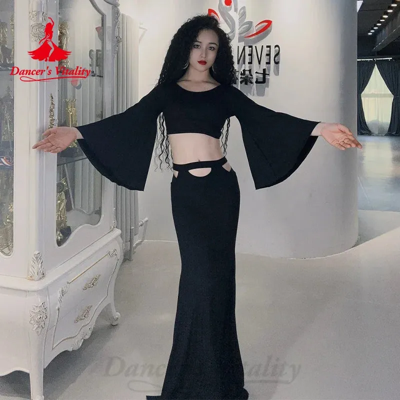 BellyDance Comfort Pure Cotton Set Customized Trumpet Sleeve Top sexy Hip Wrap Skirt 2pcs Oriental Dance Performance Costumes