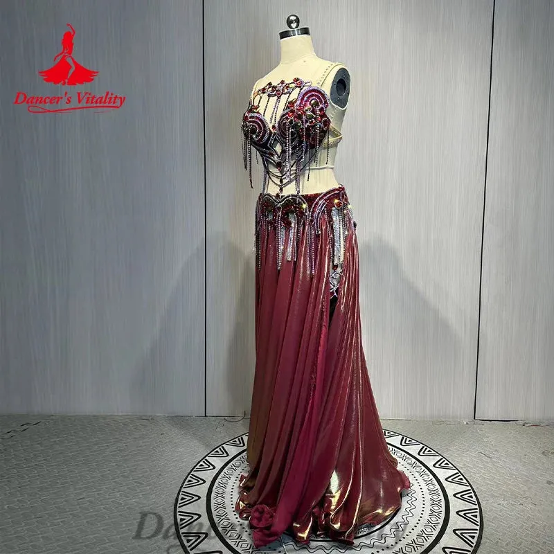 BellyDance Costume Advanced Rhinestone Bra Tassel Split Long Skirt 2ps Customized Adult Children Oriental Dance Performance Set