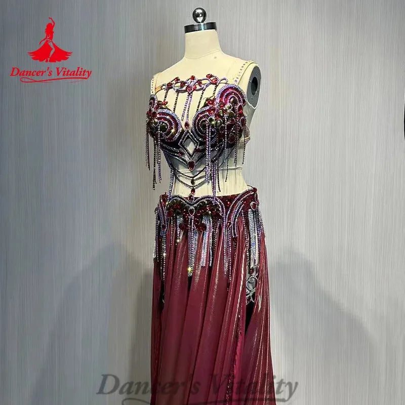 BellyDance Costume Advanced Rhinestone Bra Tassel Split Long Skirt 2ps Customized Adult Children Oriental Dance Performance Set