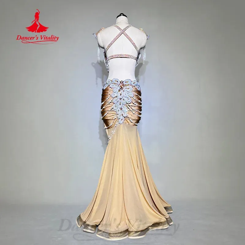 BellyDance Costume Customized High End Luxury Diamond Bra Sexy Hip Wrap Fishtail Skirt 2pcs Oriental Dance Performance Costumes