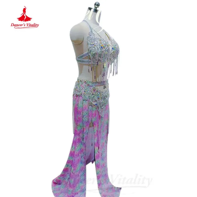 Bellydance Costume Customized Senior AB Stones Bra Luxury Split Long Skirt 2pcs Oriental Dance Professional Performance Clothing