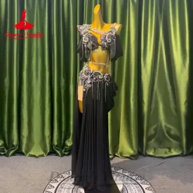 Bellydance Costume Customized Senior ABStones Bra split Chiffon Long Skirt 2pcs Oriental Dance Professional Performance Clothing