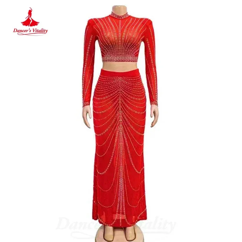 BellyDance Costume  Light Luxury Set Long Sleeved Top Wrap Buttocks Long Skirt 2pcs Women's Oriental Dance Performance Costumes