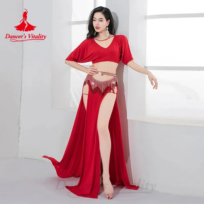 Bellydance Costume Set Customized Short Sleeved Vneck Top Sexy Split Long Skirt 2pcs Women's Oriental Dance Performance Clothing