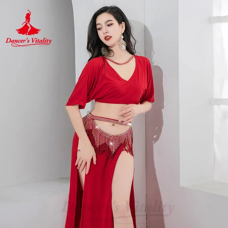 Bellydance Costume Set Customized Short Sleeved Vneck Top Sexy Split Long Skirt 2pcs Women's Oriental Dance Performance Clothing