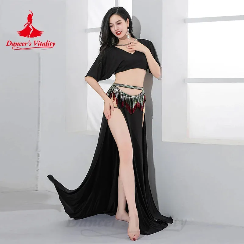 Bellydance Costume Set Customized Short Sleeved Vneck Top Sexy Split Long Skirt 2pcs Women's Oriental Dance Performance Clothing