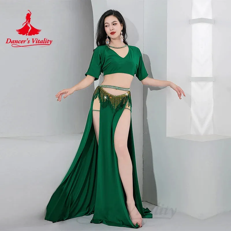 Bellydance Costume Set Customized Short Sleeved Vneck Top Sexy Split Long Skirt 2pcs Women's Oriental Dance Performance Clothing