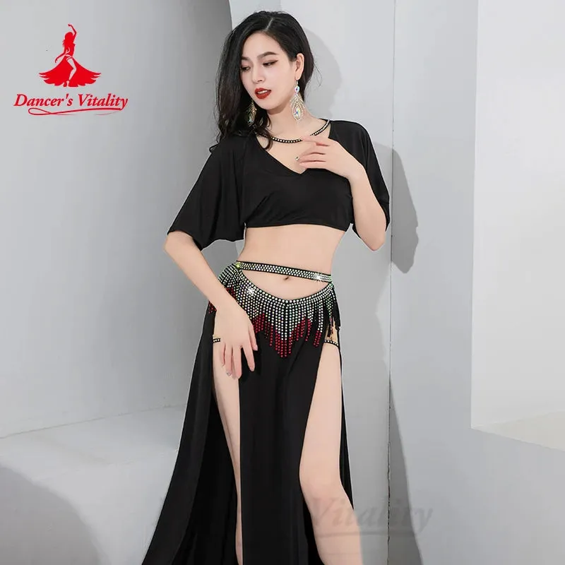 Bellydance Costume Set Customized Short Sleeved Vneck Top Sexy Split Long Skirt 2pcs Women's Oriental Dance Performance Clothing