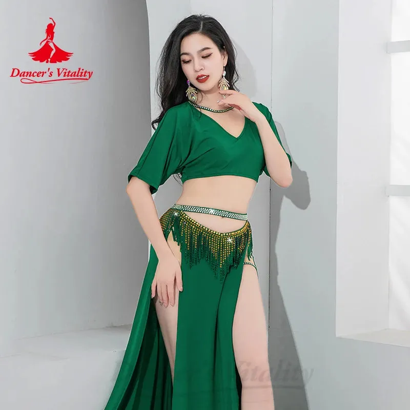 Bellydance Costume Set Customized Short Sleeved Vneck Top Sexy Split Long Skirt 2pcs Women's Oriental Dance Performance Clothing