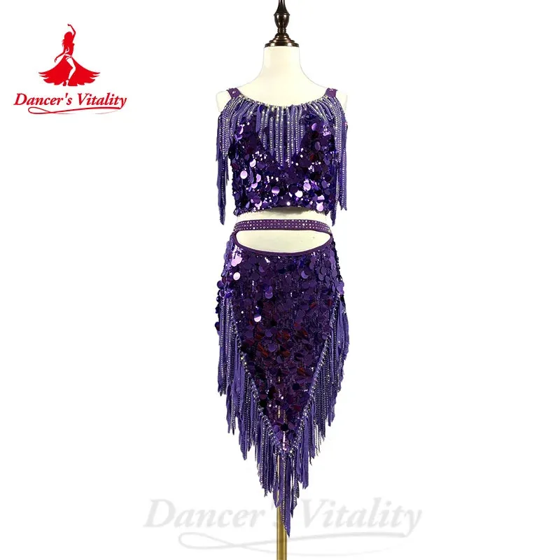 BellyDance Costume Set Customsized Big Sequins Top Sexy Fringe Skirt 2pcs Adult Children Oriental Dance Performance Costumes