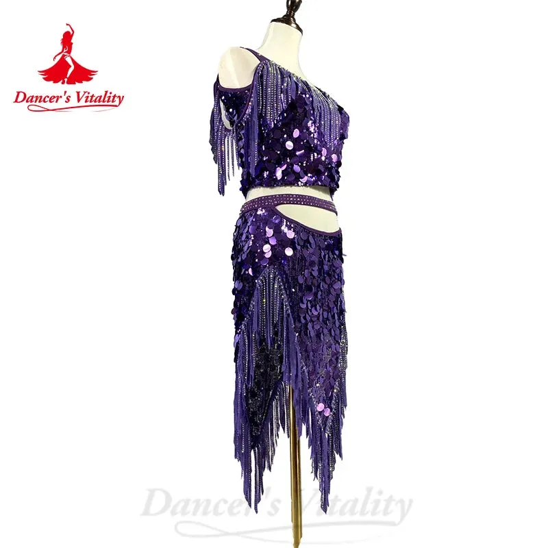 BellyDance Costume Set Customsized Big Sequins Top Sexy Fringe Skirt 2pcs Adult Children Oriental Dance Performance Costumes