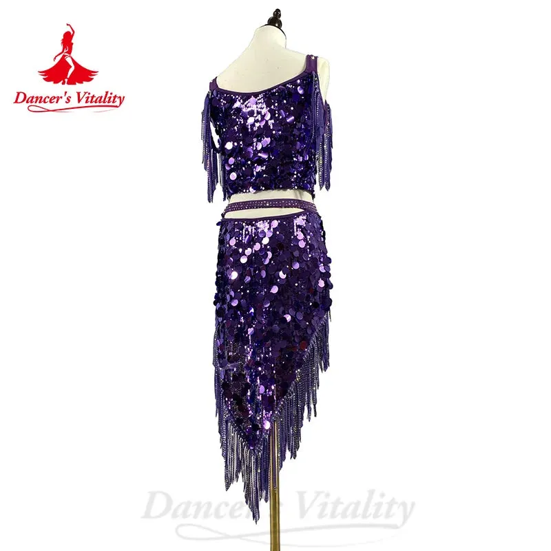 BellyDance Costume Set Customsized Big Sequins Top Sexy Fringe Skirt 2pcs Adult Children Oriental Dance Performance Costumes