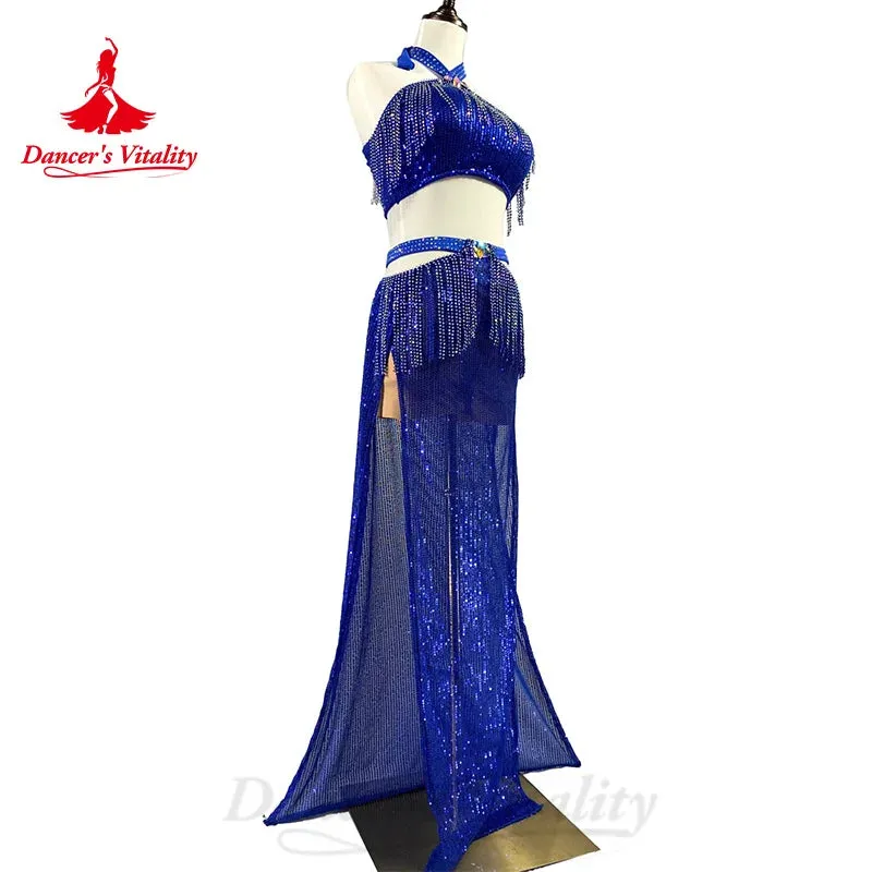 BellyDance Costume Suit Women's Customization Sleeveless Fringe Top sequin Split Long Skirt Oriental Dance Performance Costumes