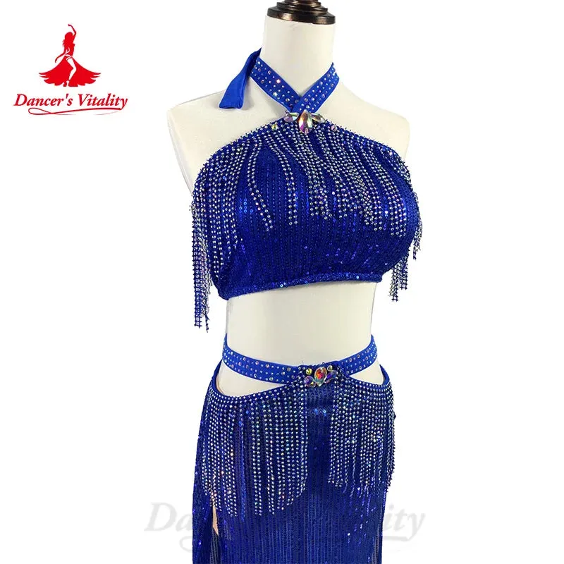 BellyDance Costume Suit Women's Customization Sleeveless Fringe Top sequin Split Long Skirt Oriental Dance Performance Costumes