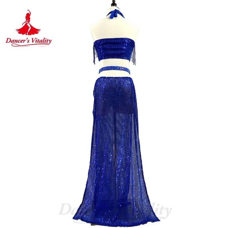 BellyDance Costume Suit Women's Customization Sleeveless Fringe Top sequin Split Long Skirt Oriental Dance Performance Costumes