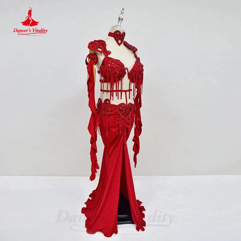 BellyDance Costume Women's Customization AB Stones Tassels Bra sexy Split Long Skirt 2pcs Oriental Dance Performance Costumes