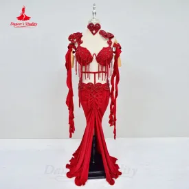 BellyDance Costume Women's Customization AB Stones Tassels Bra sexy Split Long Skirt 2pcs Oriental Dance Performance Costumes