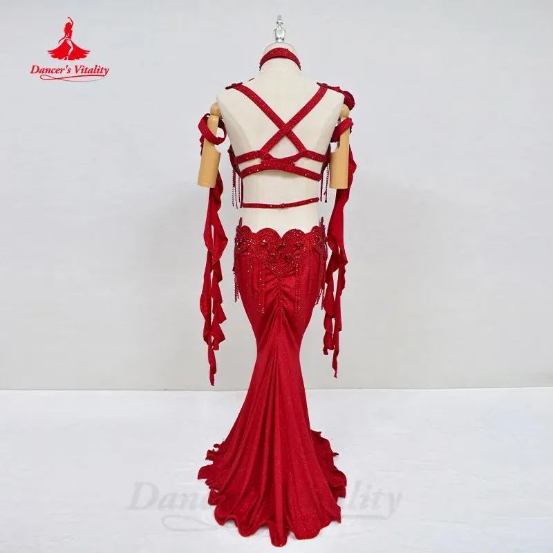 BellyDance Costume Women's Customization AB Stones Tassels Bra sexy Split Long Skirt 2pcs Oriental Dance Performance Costumes