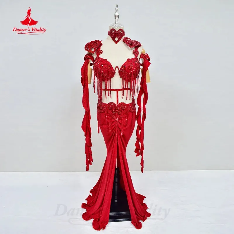 BellyDance Costume Women's Customization AB Stones Tassels Bra sexy Split Long Skirt 2pcs Oriental Dance Performance Costumes