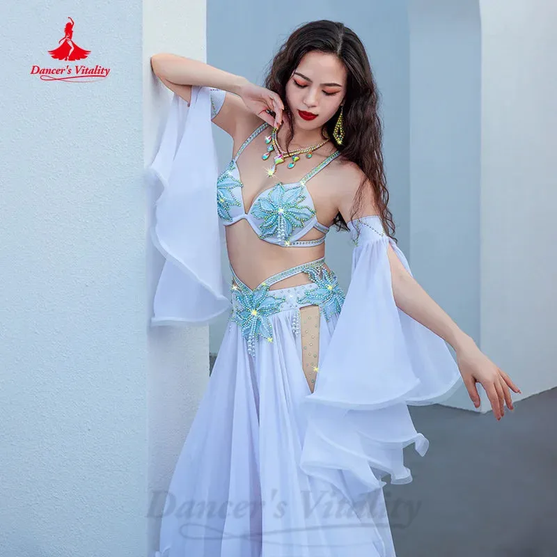 BellyDance Light Luxury Set Customization Pearl Bra sleeves chiffon Split Long Skirt 3pcs Oriental Dance Performance Costumes