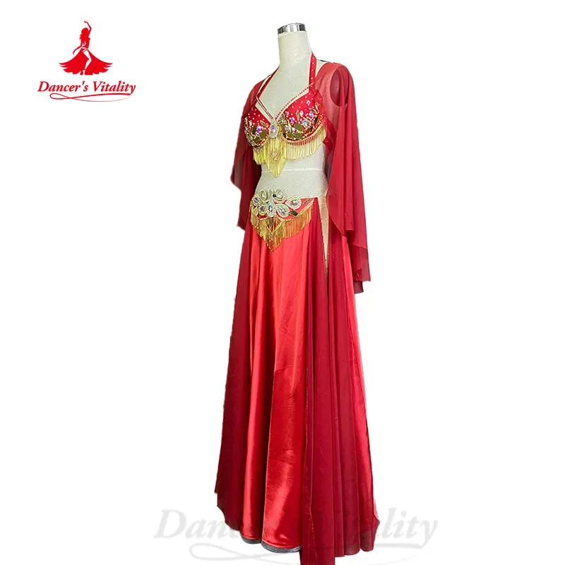 BellyDance Performance Set Customized High End Lens Tassel Bra Satin Split Long Skirt 2pcs Oriental Dance Competition Clothing