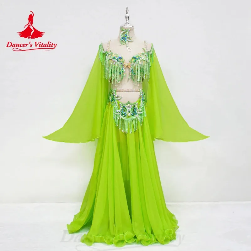 BellyDance Set Women Customized Luxury Diamond Tassel Bra Sexy Chiffon Split Long Skirt 2pcs Oriental Dance Competition Clothing