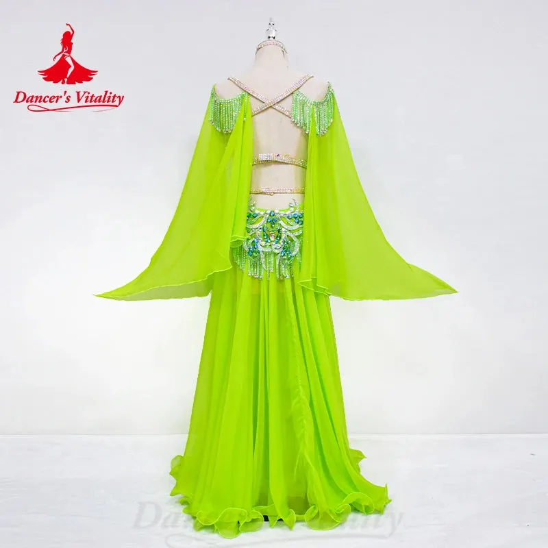 BellyDance Set Women Customized Luxury Diamond Tassel Bra Sexy Chiffon Split Long Skirt 2pcs Oriental Dance Competition Clothing