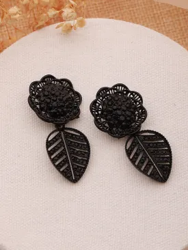 Black-Toned Floral Shaped Drop Earrings