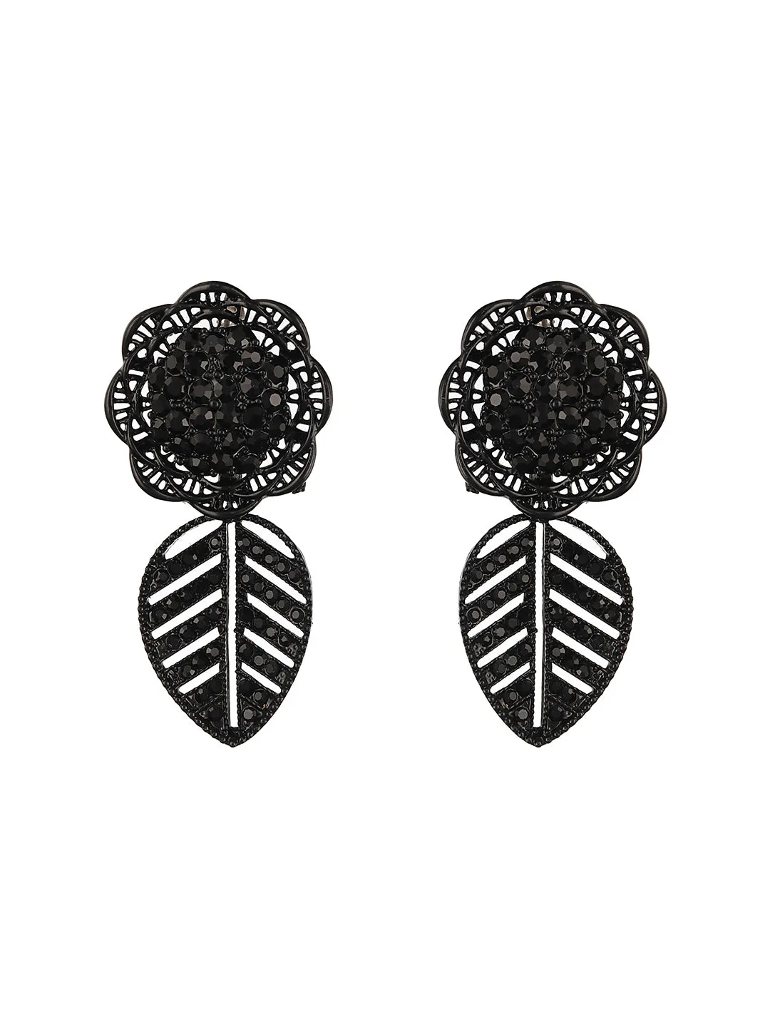 Black-Toned Floral Shaped Drop Earrings