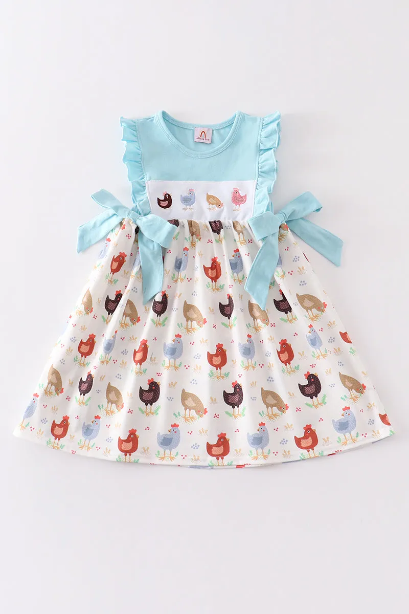 Blue chicken embroidery ruffle dress