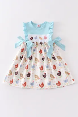 Blue chicken embroidery ruffle dress