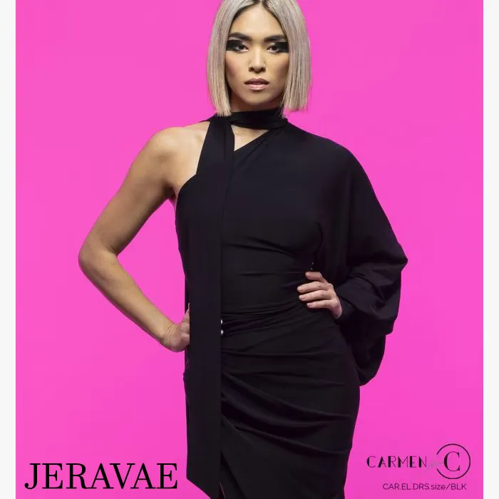 Chrisanne Clover ELIZABETH Black Latin Practice Dress with Single Long Puff Sleeve, High Side Slit, and Versatile Shoulder Tie PRA 941 in Stock