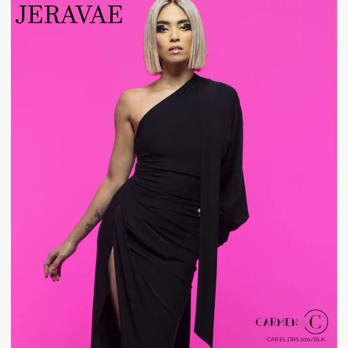 Chrisanne Clover ELIZABETH Black Latin Practice Dress with Single Long Puff Sleeve, High Side Slit, and Versatile Shoulder Tie PRA 941 in Stock