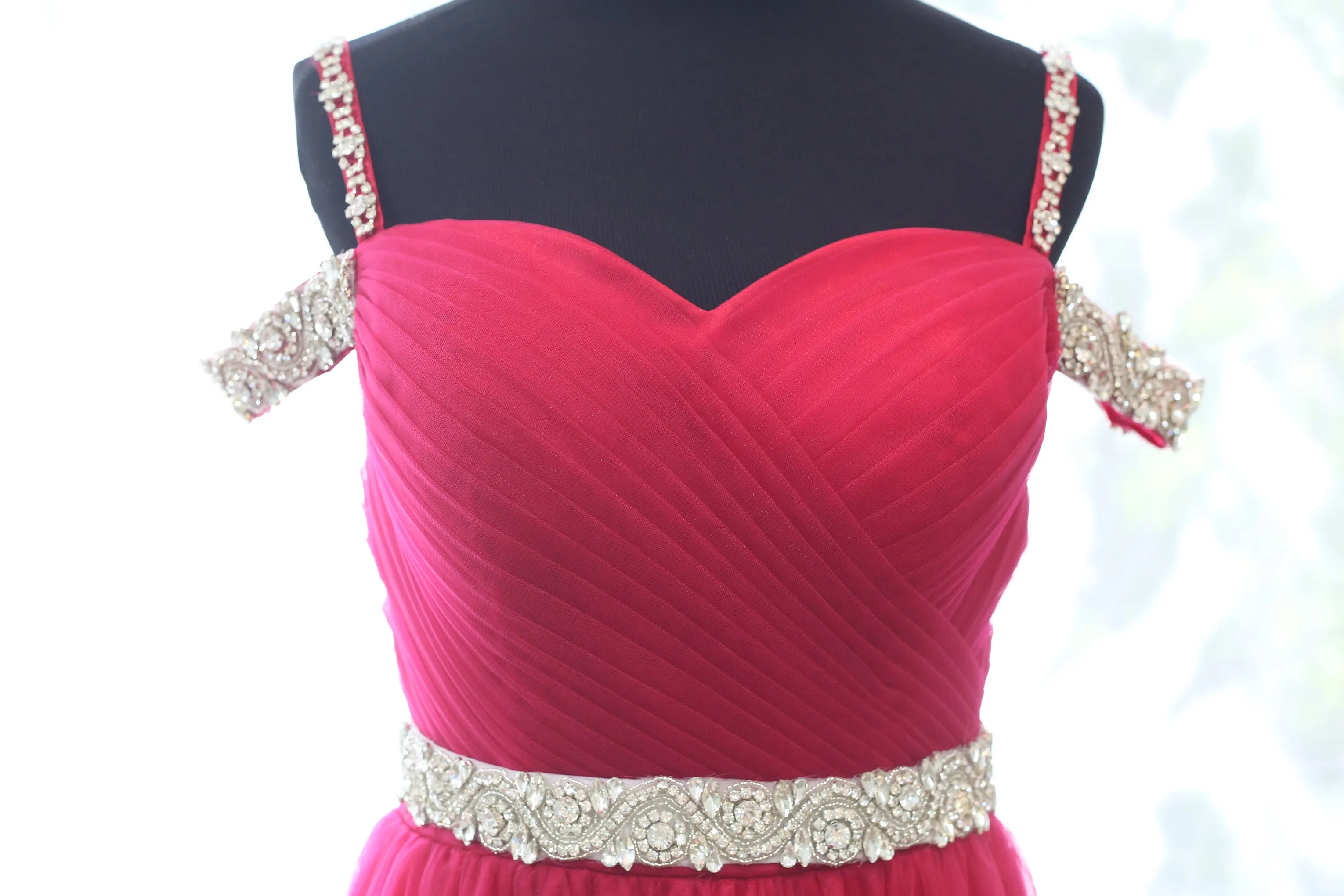 Crystal Beaded Off-shoulder Ruby Red Japanese A-line Soft Tulle Prom Dress