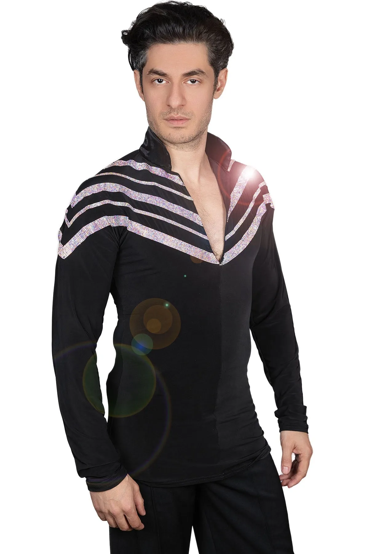 Dance America MS43 Men's Diagonal Rhinestone Stripe Latin Dance Shirt with V-Neck and Trunks in Stock