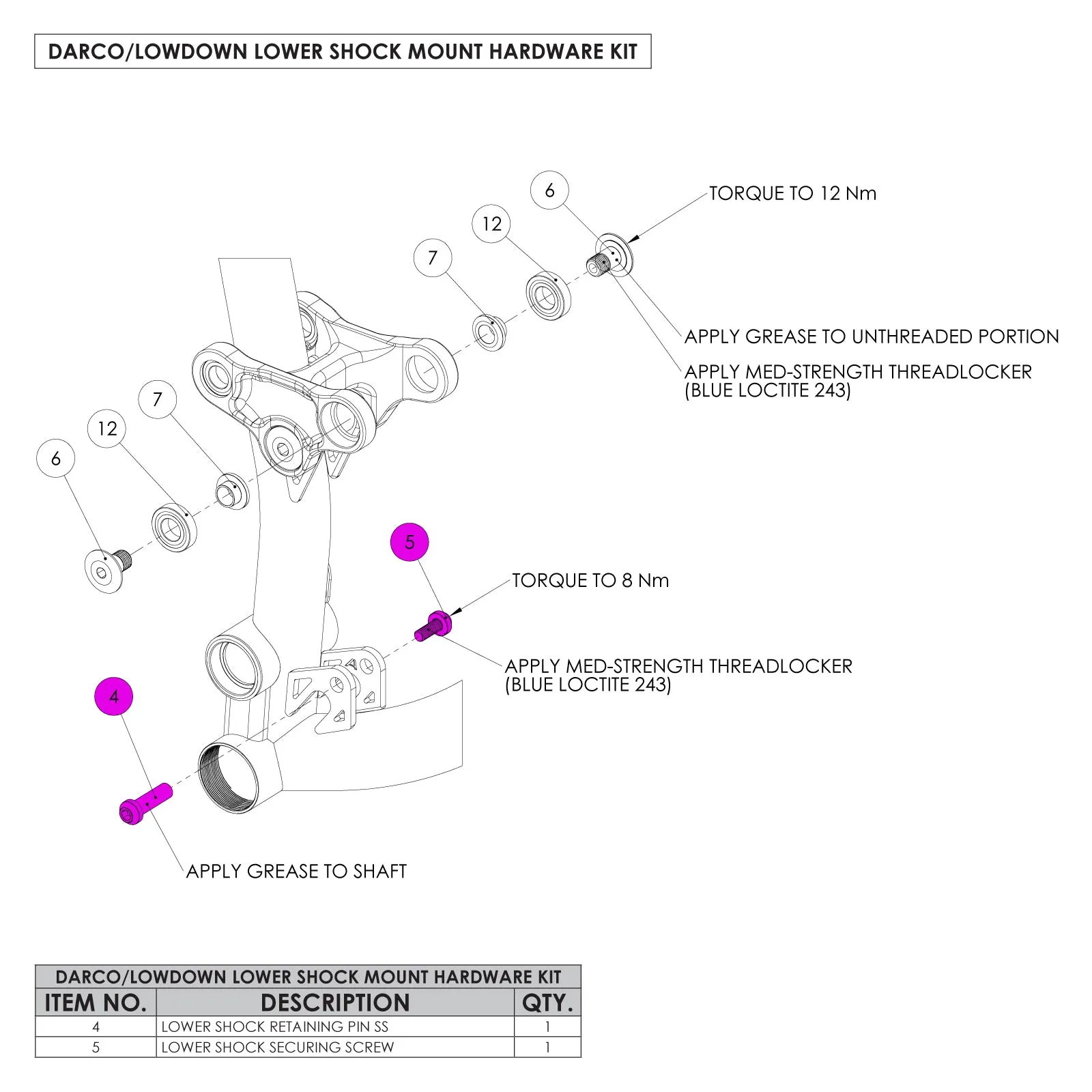 Darco/Lowdown Lower Shock Mount Hardware Kit