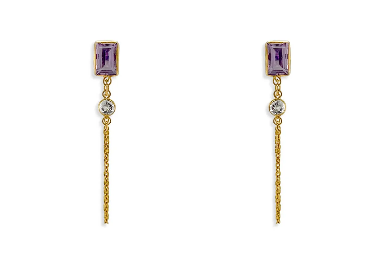 Earrings 18kt Gold Amethyst Chain & White Topaz