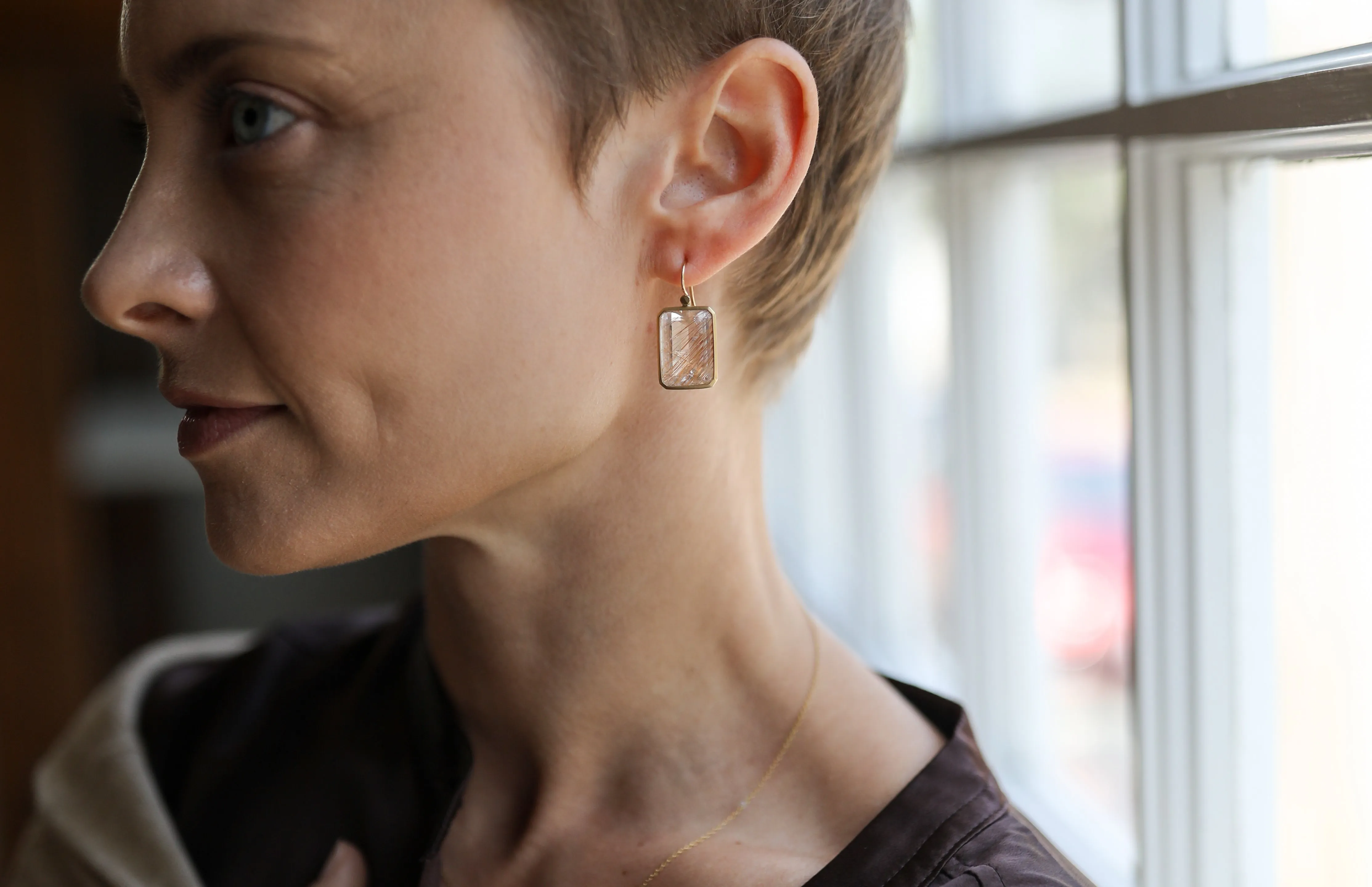 Emerald Cut Rutilated Quartz Earrings