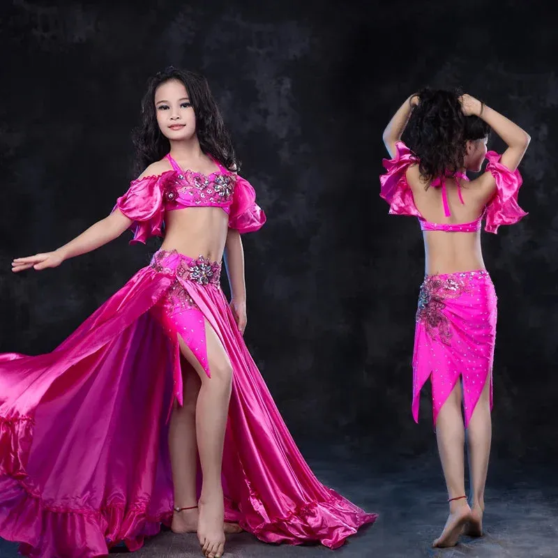 Girls belly dance clothes kids luxury belly dance suit girls top short skirt undewear long skirt 4pcs kids belly dance set S,ML