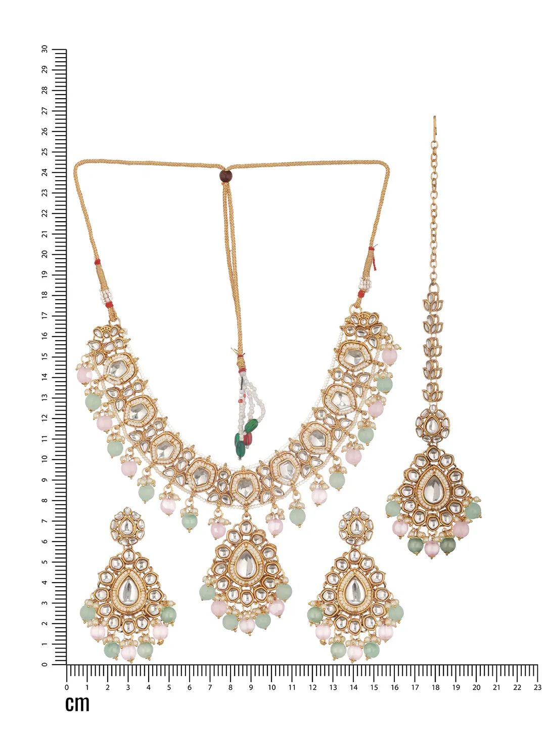 Gold Plated Kundan Studded &Amp; Mint Green &Amp; Baby Pink Pearl Beaded Choker Jewellery Set With Maangtikka