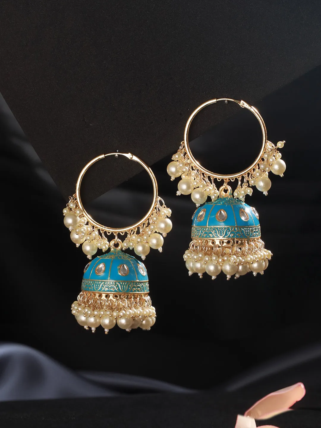 Gold Plated Kundan Studded Firoji Hoop Jhumka Earrings